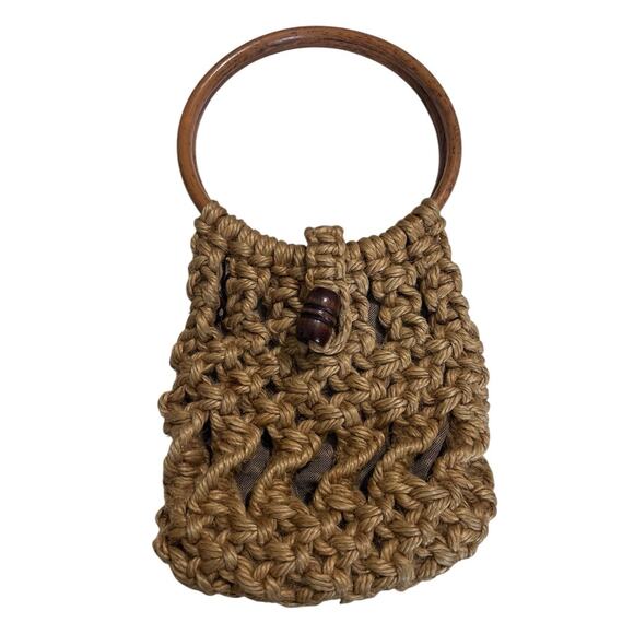 VTG Woven Macrame Tan Brown Wood Handle Purse Handbag Handmade 70s Boho - Picture 1 of 4
